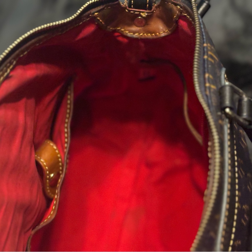 Dooney Bourke Monogram Pattern Navy and Brown Satchel Handbag - Picture 10 of 15